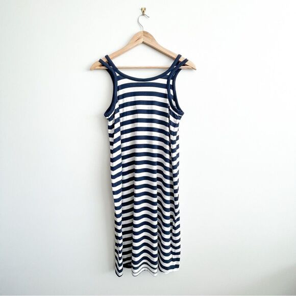 Gap Softspun Striped Dress Navy White Women's M Tall Double Spaghetti Strap NWT - Picture 2 of 7